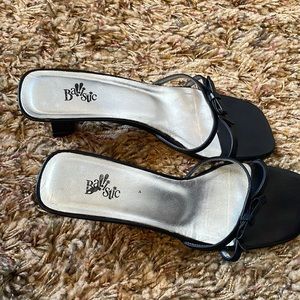 1 inch heels, black and silver, bow at the straps